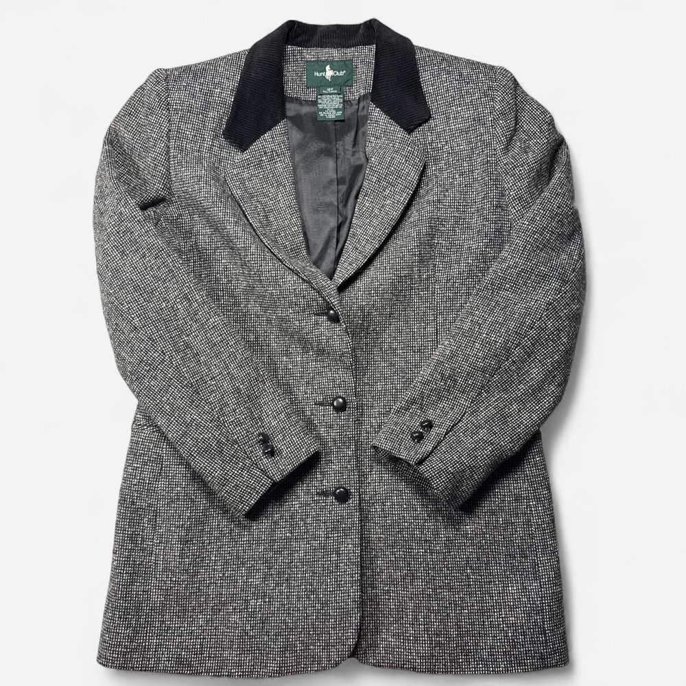 Vintage 90s Hunt Club gray & black houndstooth blazer with corduroy collar